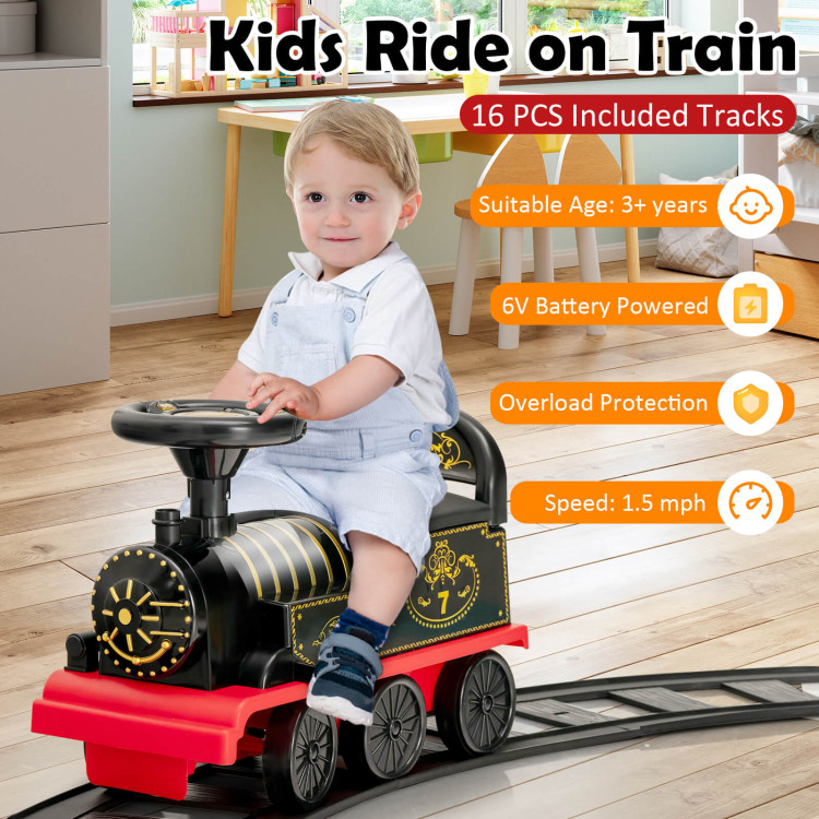6V Electric Kids Ride On Train with 16 Pieces Tracks-BlackCostway Gallery View 3 of 11